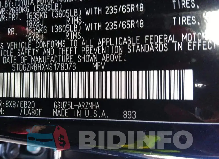 5TDGZRBHXNS178076 Photo# 9