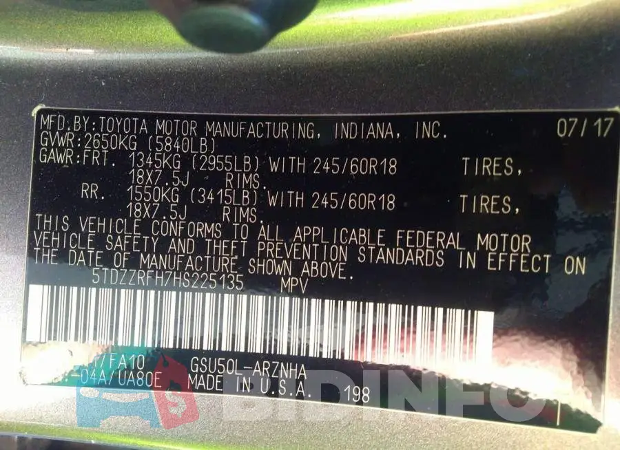5TDZZRFH7HS225135 Photo# 9