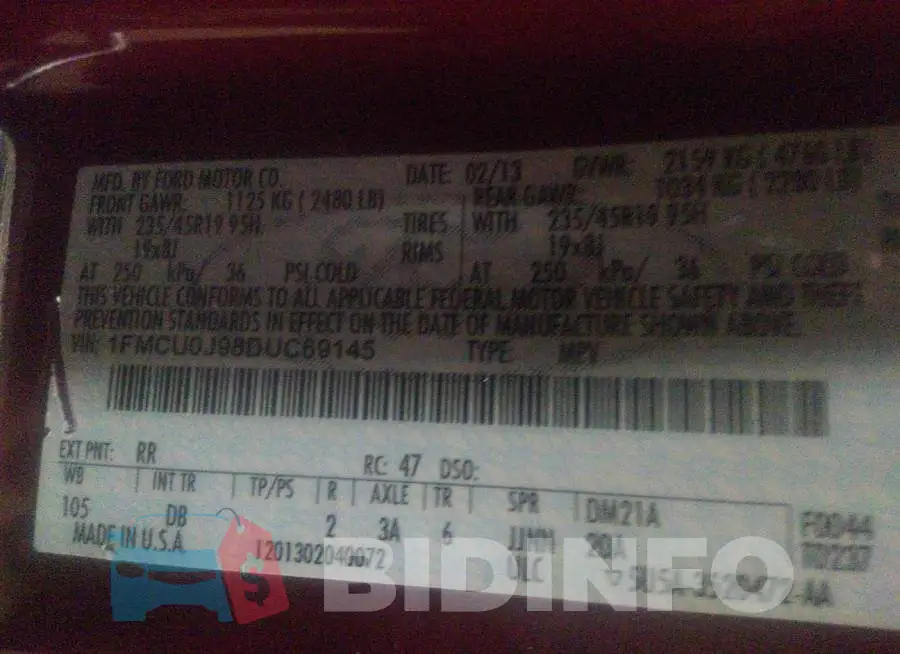 1FMCU0J98DUC69145 Photo# 9