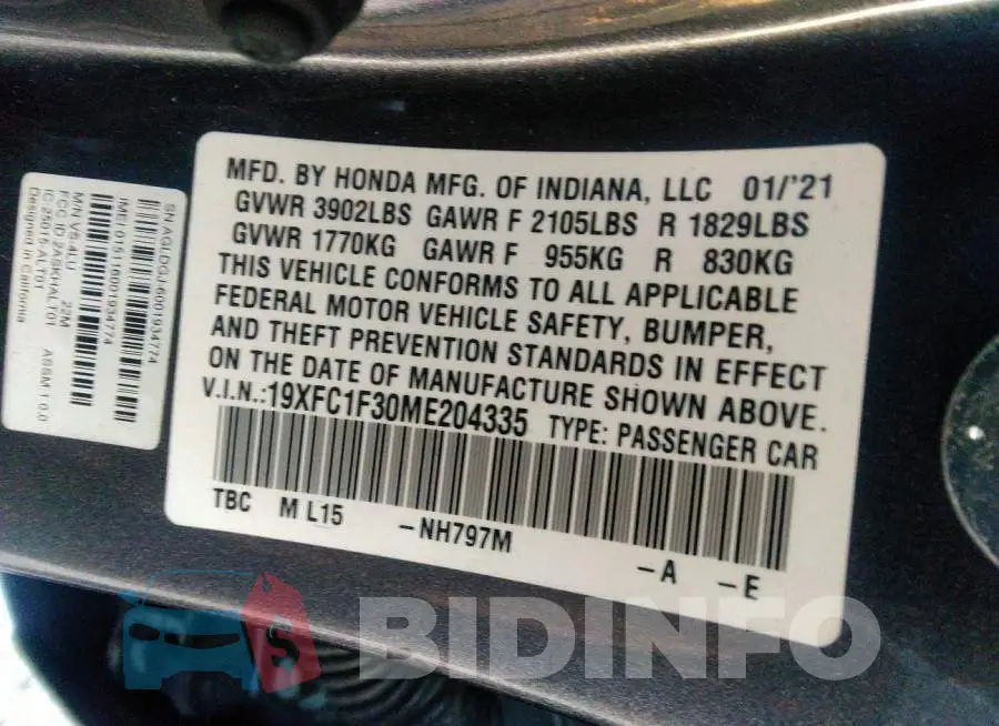 19XFC1F30ME204335 Photo# 9