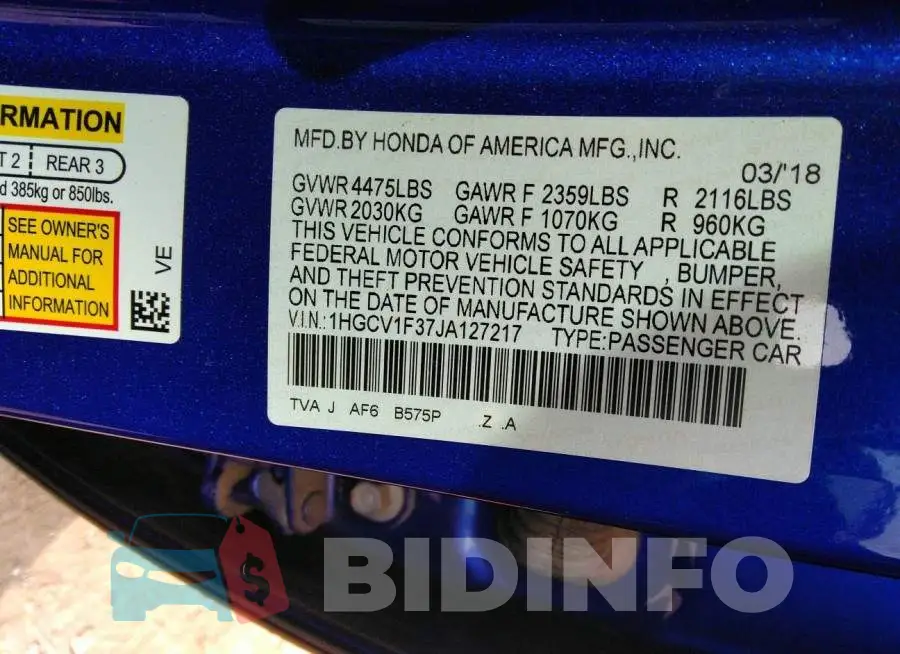 1HGCV1F37JA127217 Photo# 9