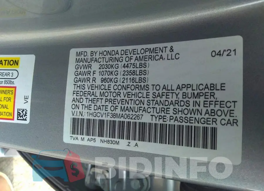 1HGCV1F38MA062267 Photo# 9