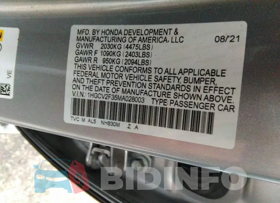 1HGCV2F35MA028003 Photo# 9