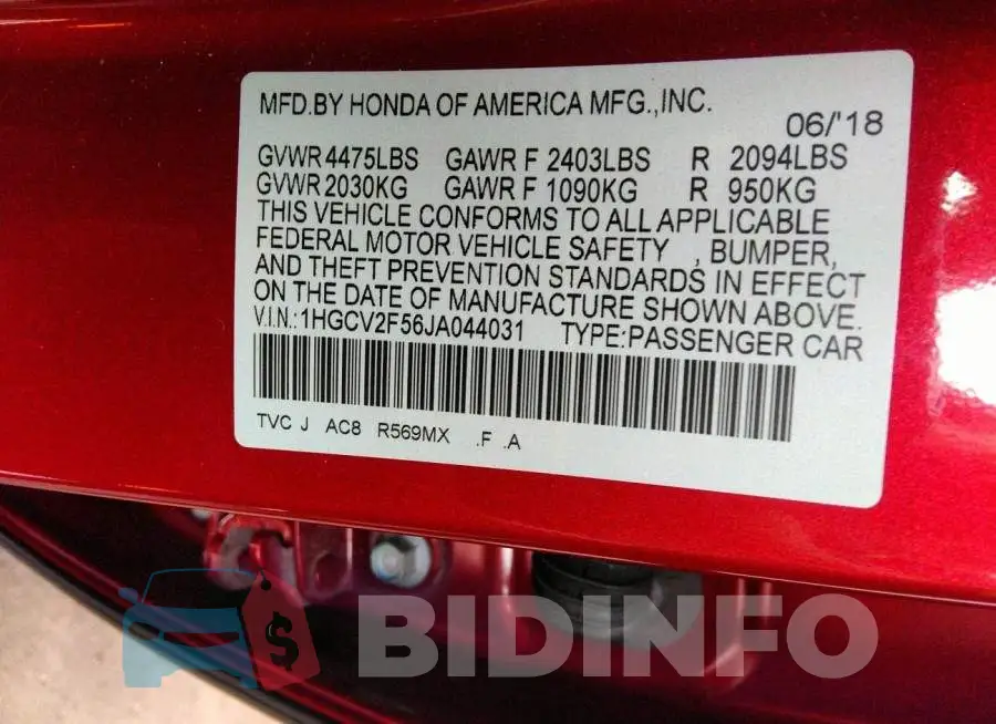 1HGCV2F56JA044031 Photo# 9