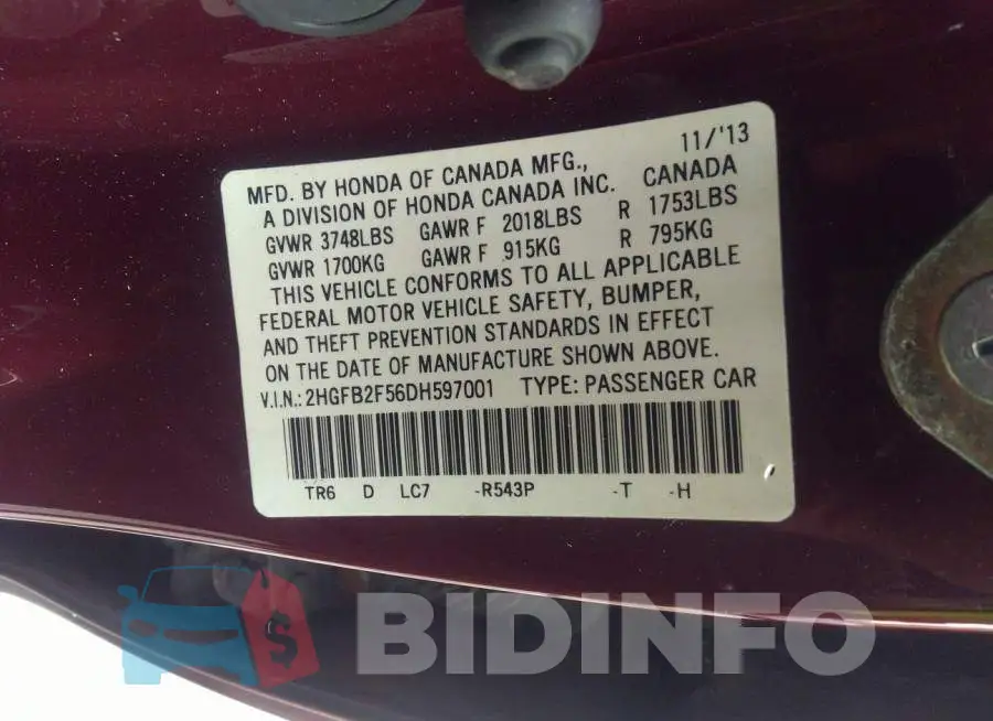 2HGFB2F56DH597001 Photo# 9