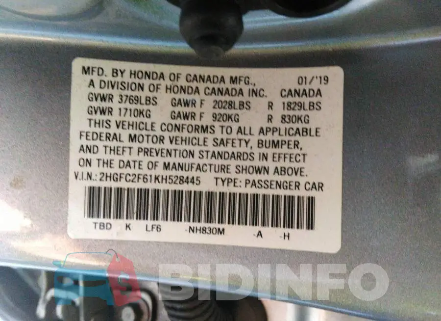 2HGFC2F61KH528445 Photo# 9