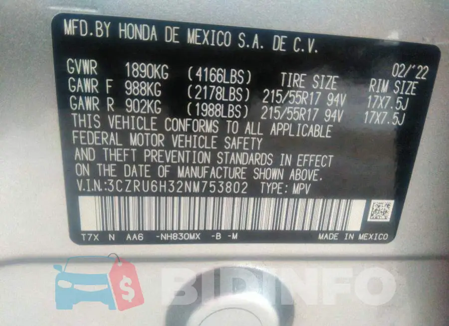 3CZRU6H32NM753802 Photo# 9
