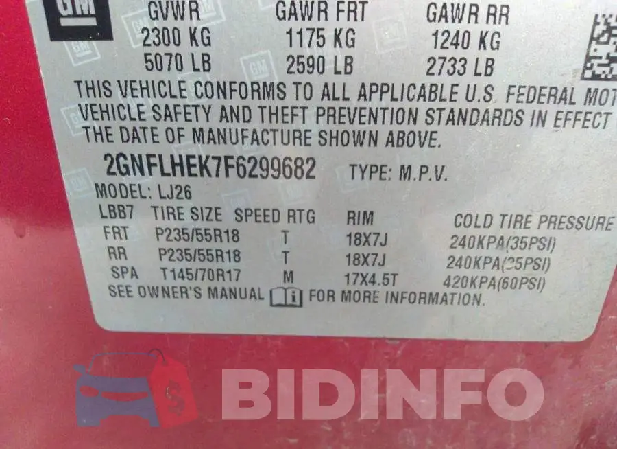 2GNFLHEK7F6299682 Photo# 9