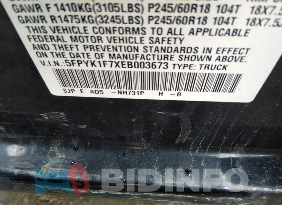 5FPYK1F7XEB003673 Photo# 9