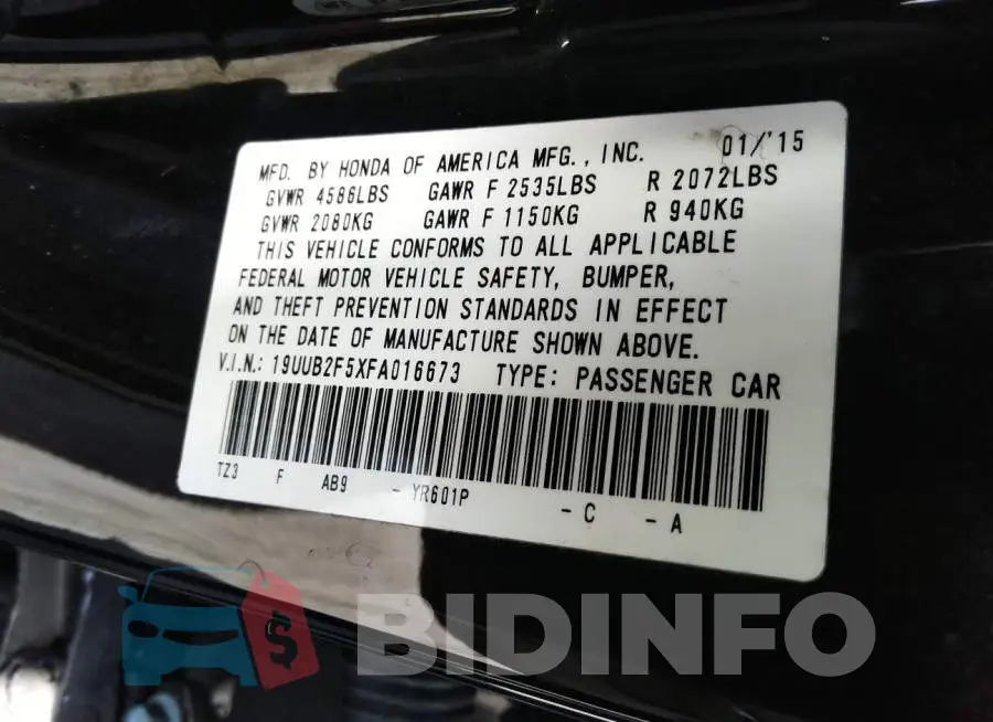 19UUB2F5XFA016673 Photo# 9