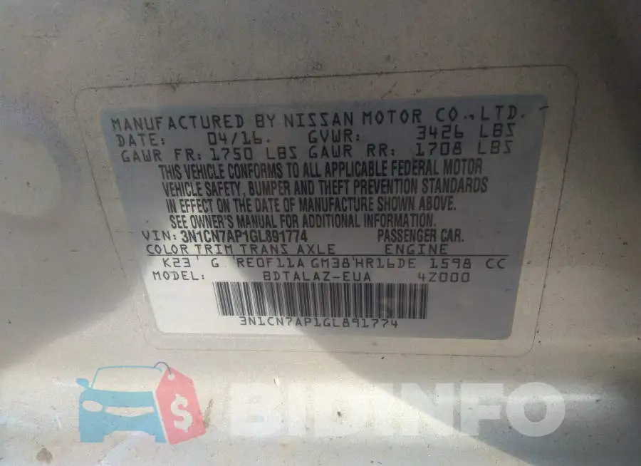 3N1CN7AP1GL891774 Photo# 9