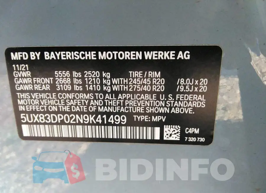 5UX83DP02N9K41499 Photo# 9