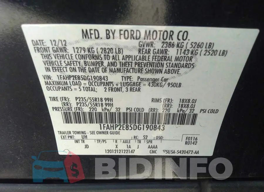 1FAHP2E85DG190843 Photo# 9
