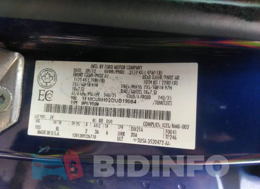 1FMCU0H92DUB19084 Photo# 9