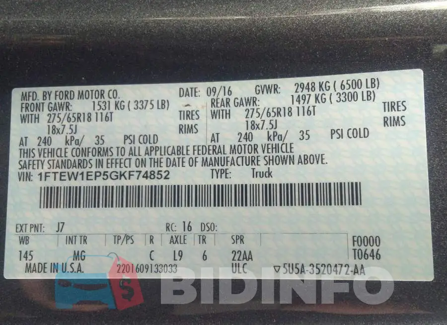 1FTEW1EP5GKF74852 Photo# 9