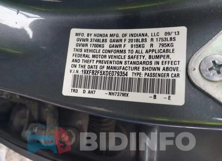 19XFB2F5XDE079354 Photo# 9