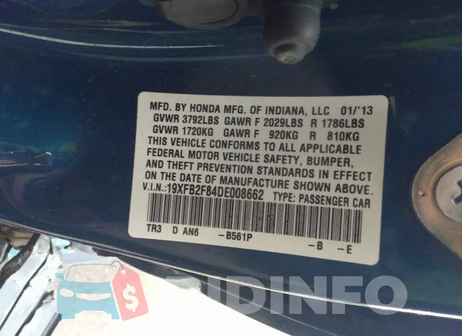 19XFB2F84DE008662 Photo# 9