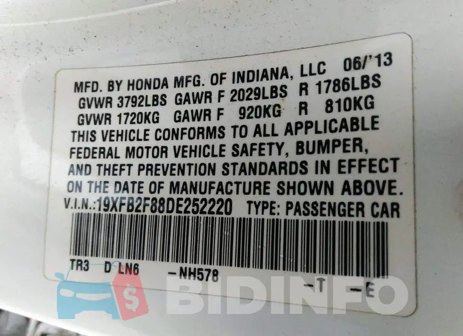 19XFB2F88DE252220 Photo# 9