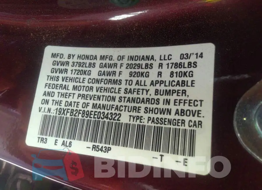 19XFB2F89EE034322 Photo# 9