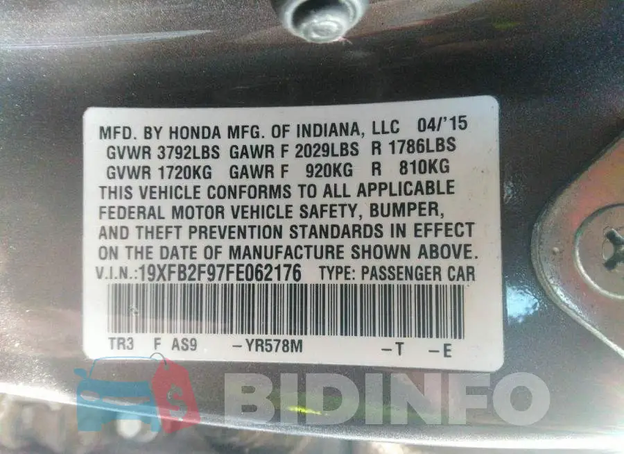 19XFB2F97FE062176 Photo# 9