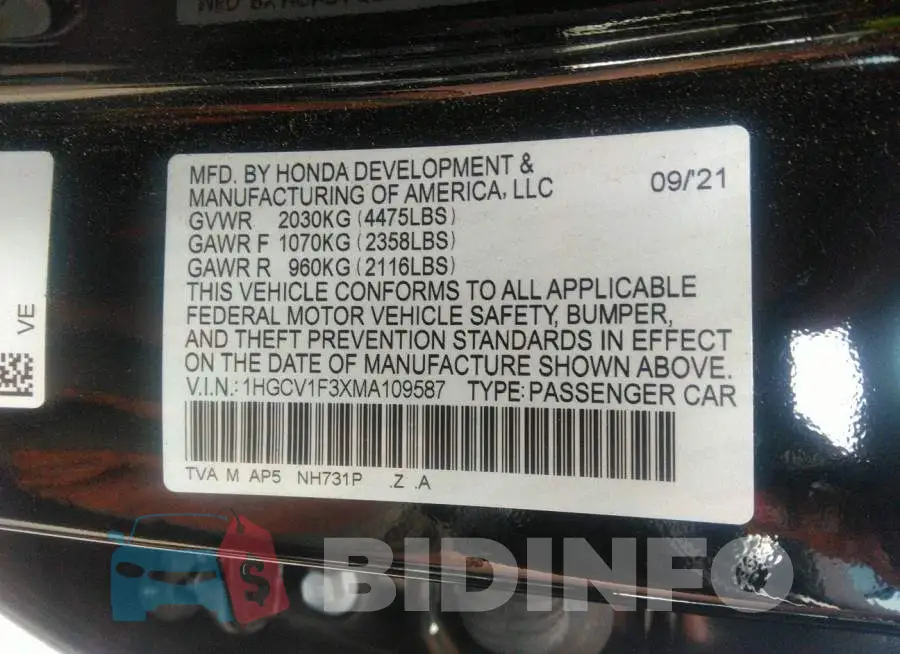 1HGCV1F3XMA109587 Photo# 9