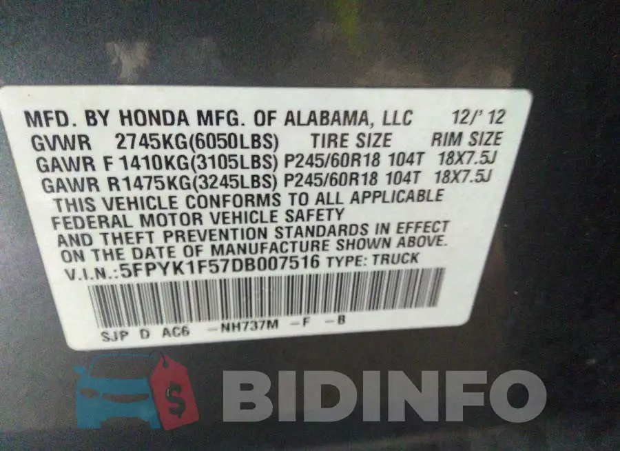 5FPYK1F57DB007516 Photo# 9