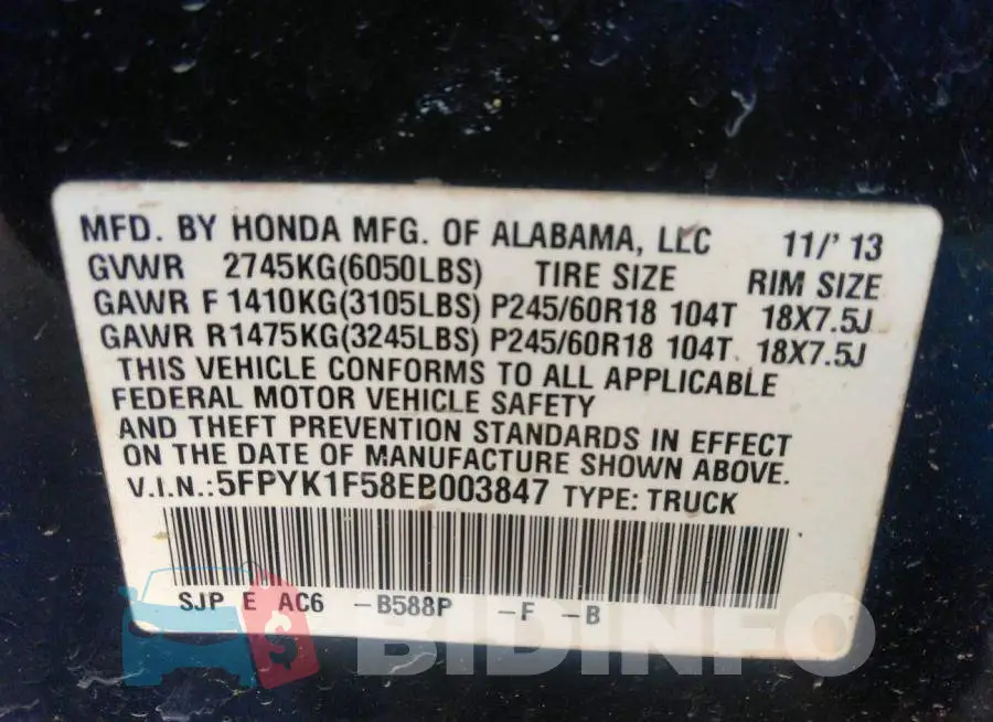 5FPYK1F58EB003847 Photo# 9