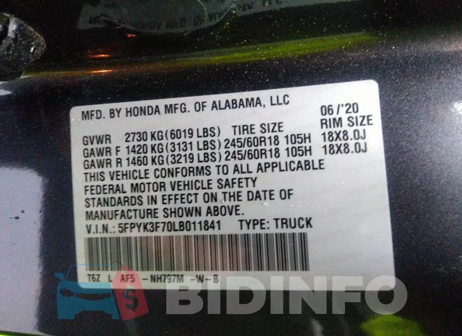 5FPYK3F70LB011841 Photo# 9