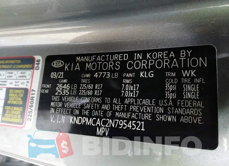 KNDPMCAC2N7954521 Photo# 9