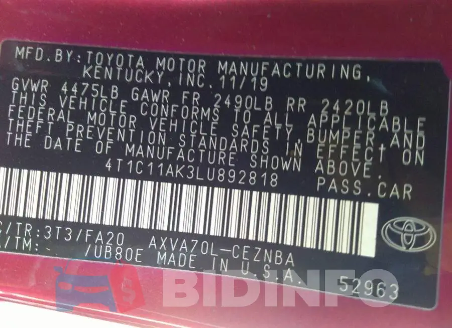 4T1C11AK3LU892818 Photo# 9