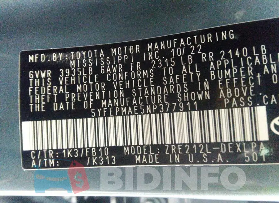 5YFEPMAE5NP377911 Photo# 9