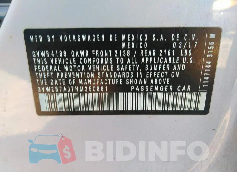 3VW2B7AJ7HM350881 Photo# 9