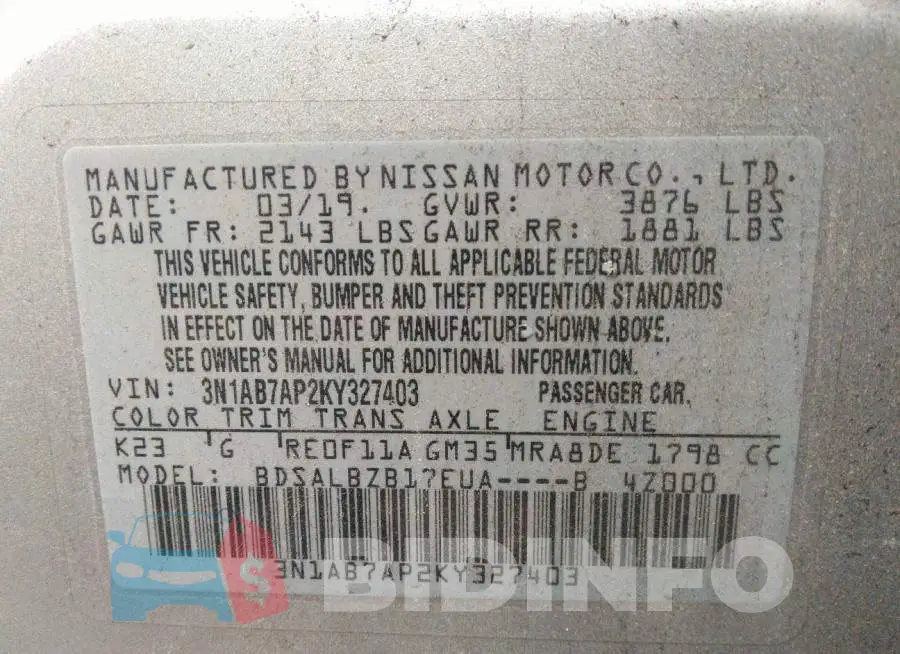 3N1AB7AP2KY327403 Photo# 9