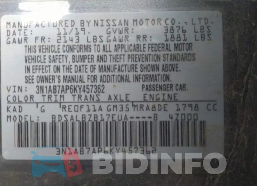 3N1AB7AP6KY457362 Photo# 9