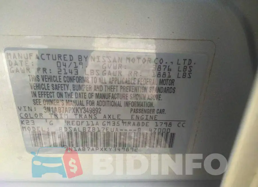 3N1AB7APXKY349892 Photo# 9
