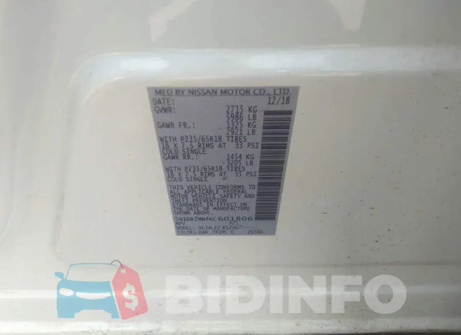5N1DR2MN4KC601806 Photo# 9