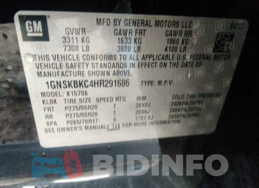1GNSKBKC4HR291686 Photo# 9