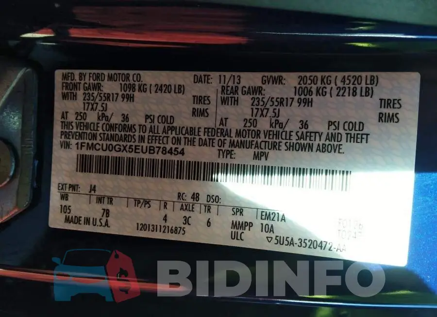 1FMCU0GX5EUB78454 Photo# 9