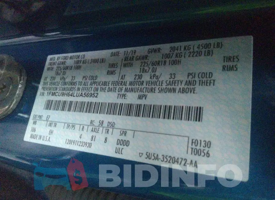 1FMCU9H64LUA56952 Photo# 9
