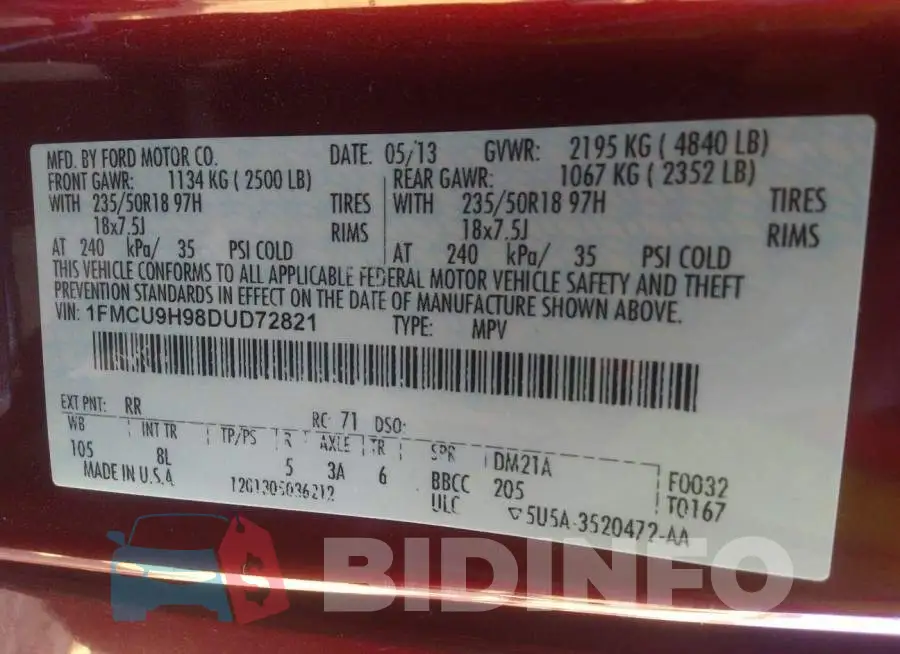 1FMCU9H98DUD72821 Photo# 9