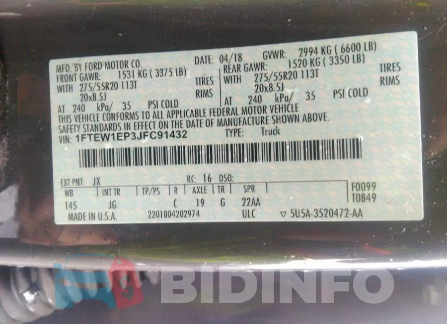 1FTEW1EP3JFC91432 Photo# 9