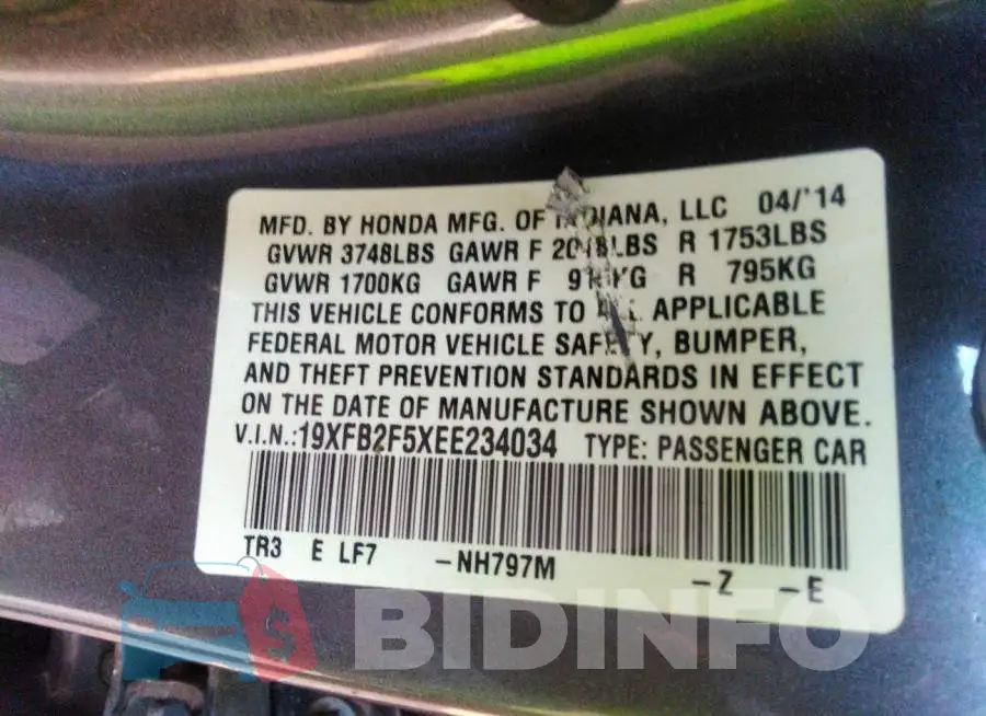19XFB2F5XEE234034 Photo# 9