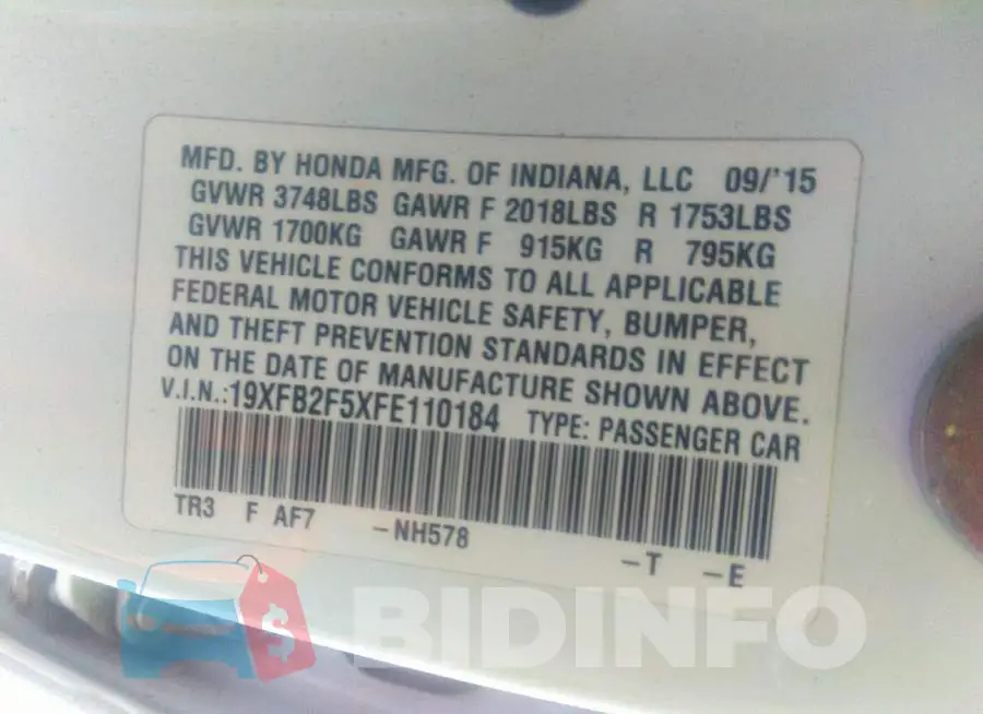 19XFB2F5XFE110184 Photo# 9