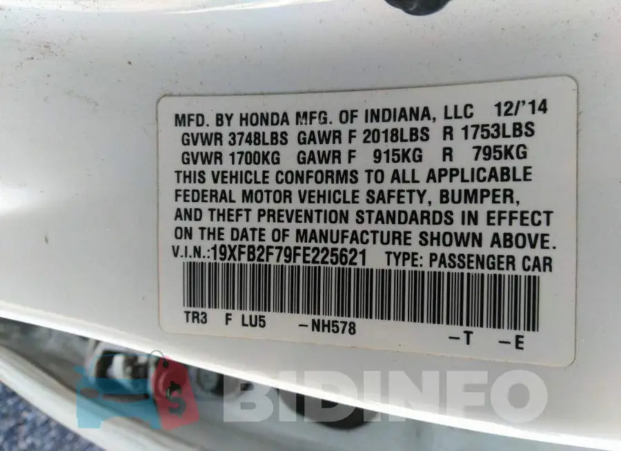 19XFB2F79FE225621 Photo# 9