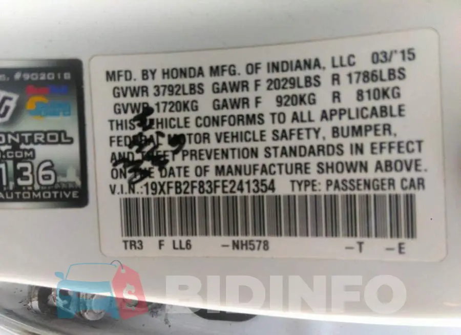 19XFB2F83FE241354 Photo# 9