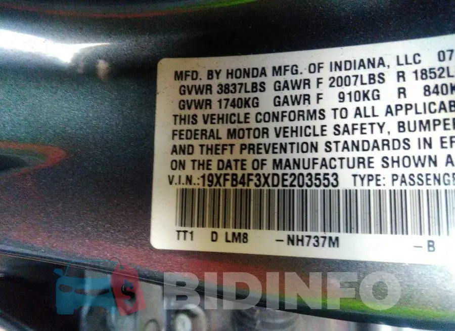19XFB4F3XDE203553 Photo# 9