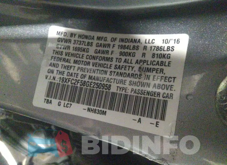 19XFC2F58GE250958 Photo# 9