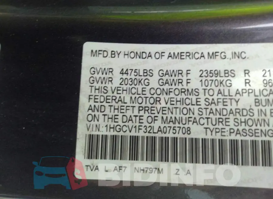 1HGCV1F32LA075708 Photo# 9