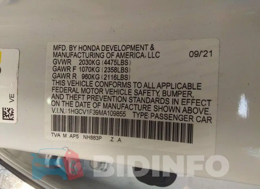 1HGCV1F39MA109855 Photo# 8