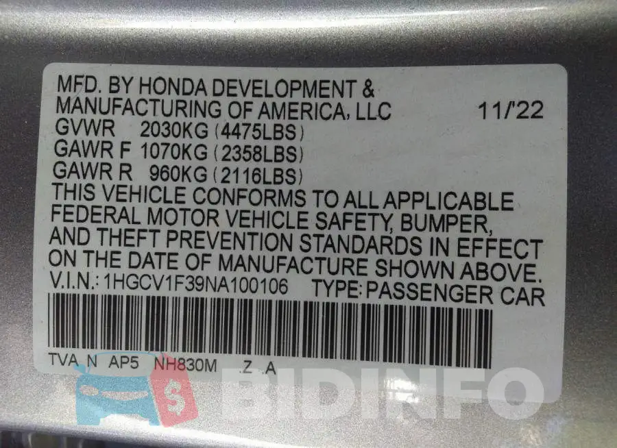 1HGCV1F39NA100106 Photo# 9